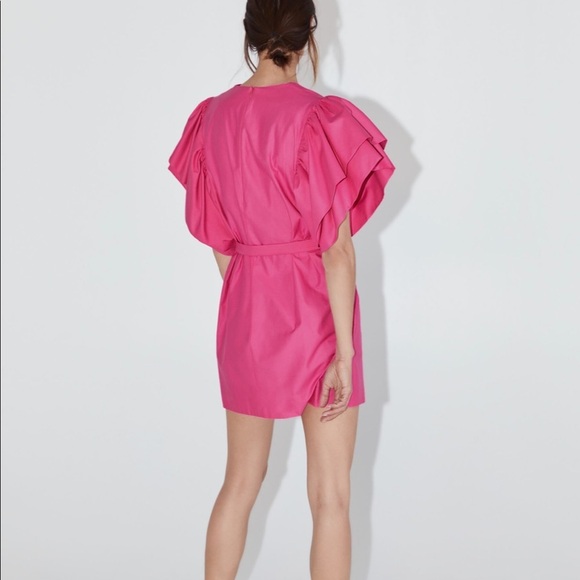 ZARA BNWT Pink Mini Dress with Voluminous Sleeves and Jeweled Buckle Belt Sz M - Picture 7 of 8